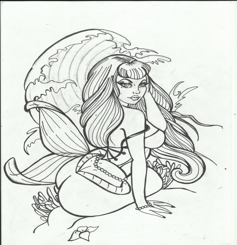 Awesome colorless mermaid sitting near storming waves tattoo design