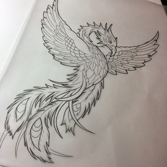 Awesome colorless new school rising phoenix tattoo design