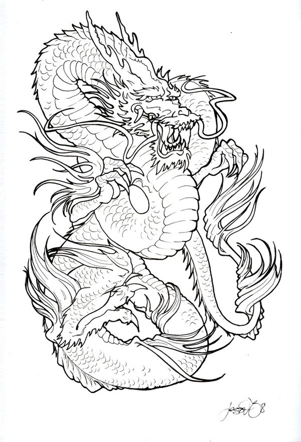 Awesome colorless oriental dragon tattoo design