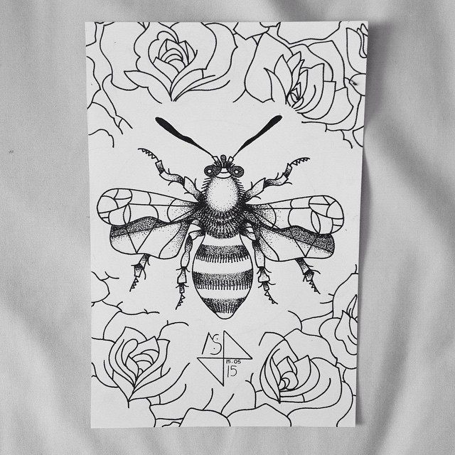 Awesome dotwork bee surrounded with rose flowers tattoo design