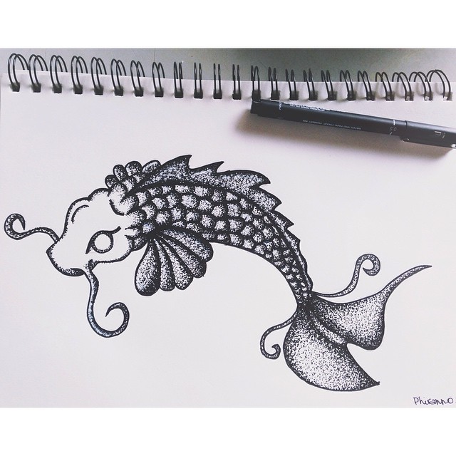 Awesome dotwork curl-horned fish tattoo design - Tattooimages.biz