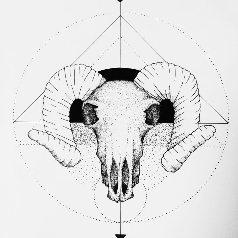 Awesome dotwork ram skull with geometric drawings tattoo design