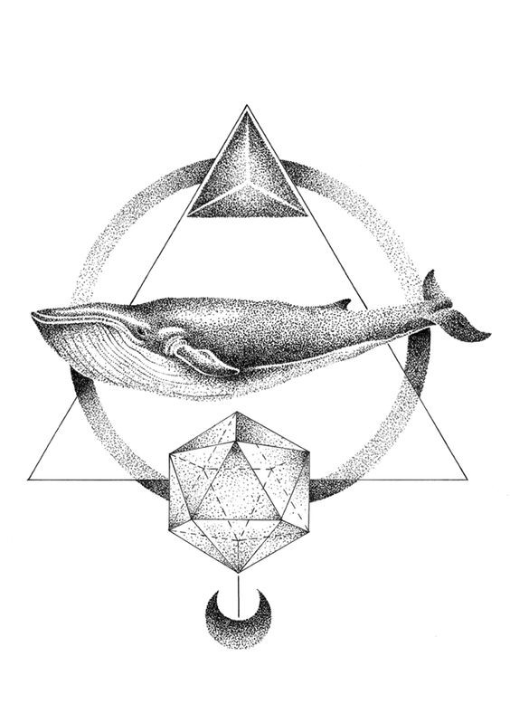 Awesome dotwork whale with different geometric elements tattoo design