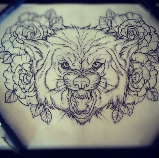 Awesome gnarling wolf head suroounded with roses tattoo design