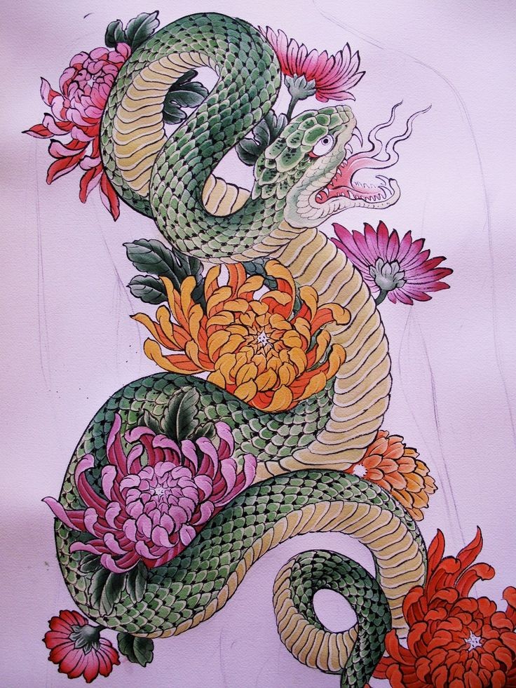 Awesome green snake with colorful peonies tattoo design