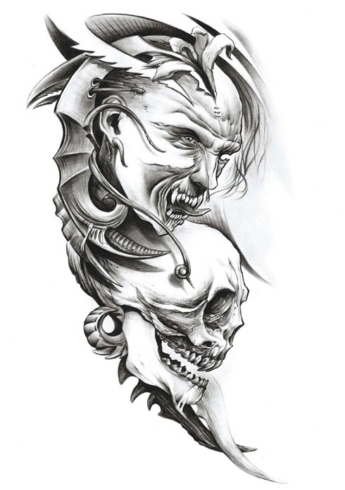 Awesome grey-ink demon with his skull tattoo design