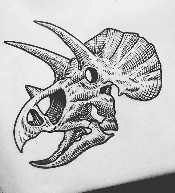 Awesome grey-ink dinosaur skull with horns tattoo design