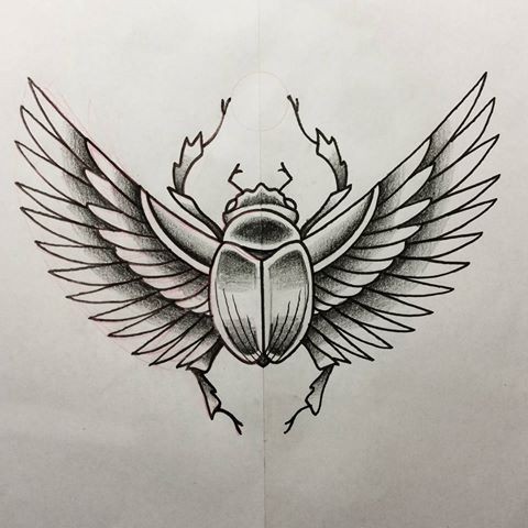 Awesome grey-ink winged scarab bug tattoo design