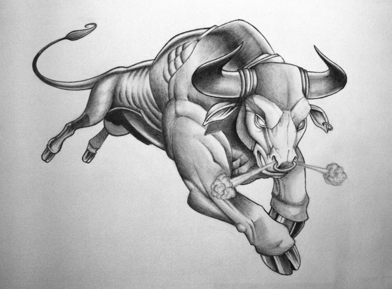 Awesome grey-pencil drawn running bull tattoo design