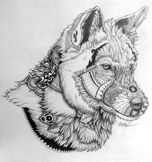 Awesome grey-pencil wolf with pattern elements tattoo design