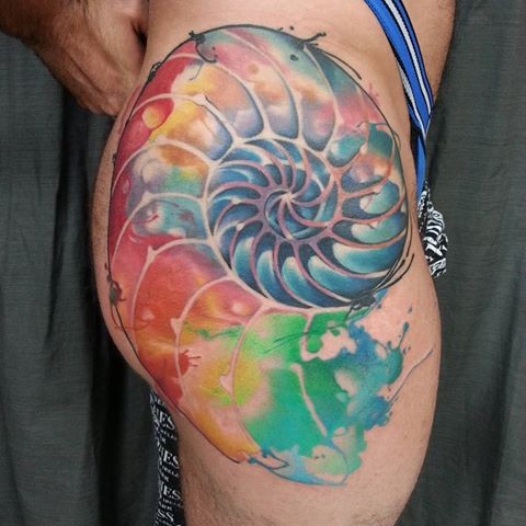 Awesome multicalored nautilus tattoo on thigh