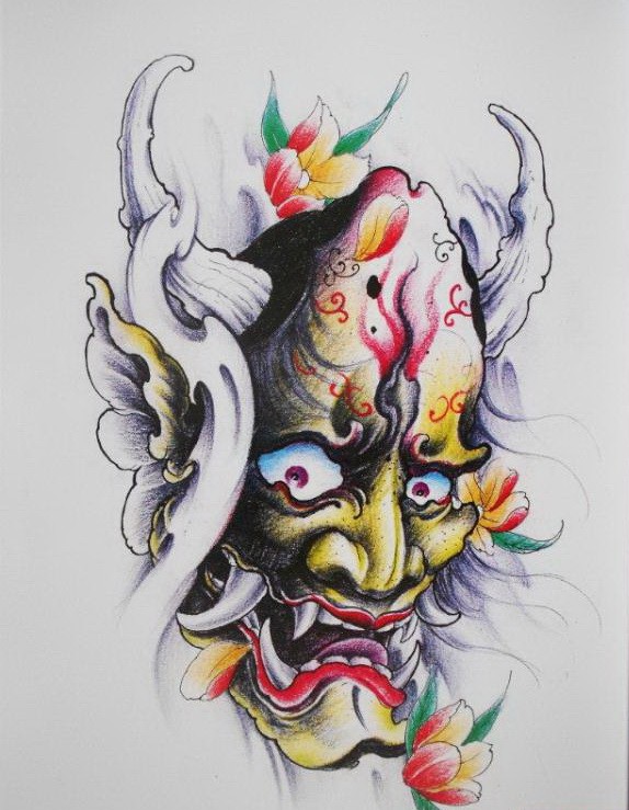 Incrível design de tatuagem de cabeça de diabo multicolorido chinês