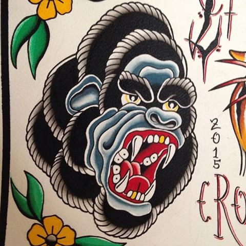 Awesome multicolor gnarling gorilla tattoo design