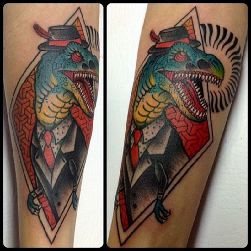 Awesome multicolored gentleman animal dinosaur tattoo on arm