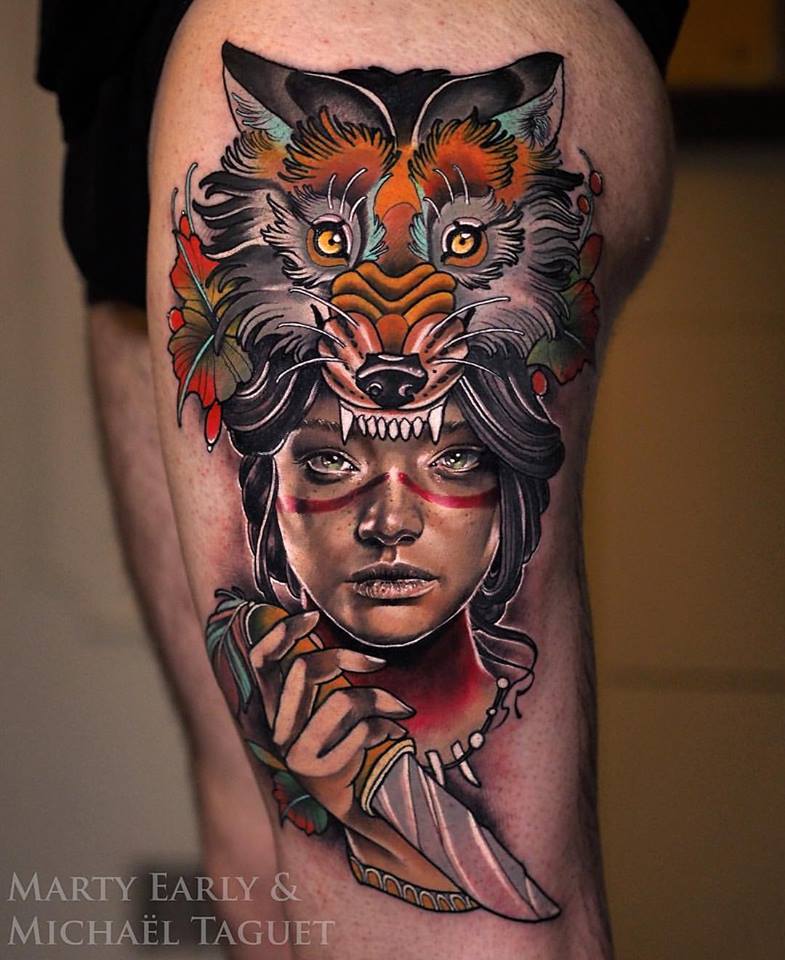 Awesome neotraditional woman and fox tattoo