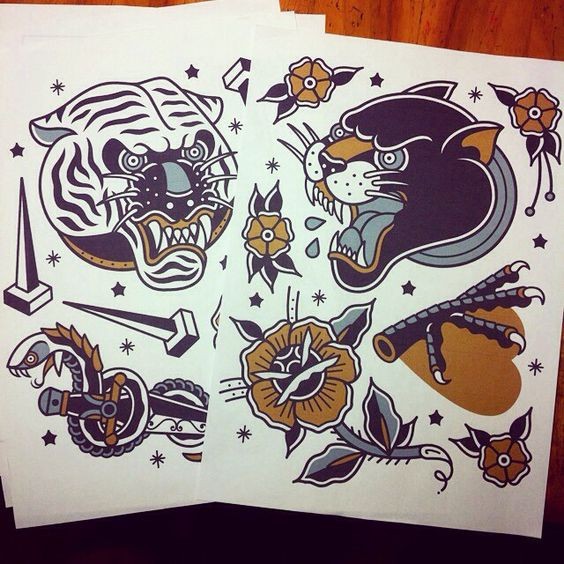 Awesome old school style animal heads tattoo design