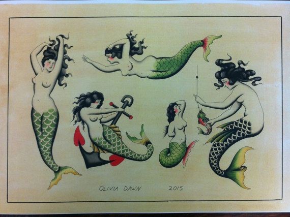 Awesome old school style mermaid in different poses tattoo design