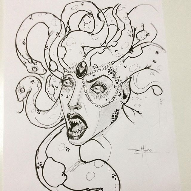 Awesome Outline Crying Medusa Gorgona With Sharp Teeth Tattoo.