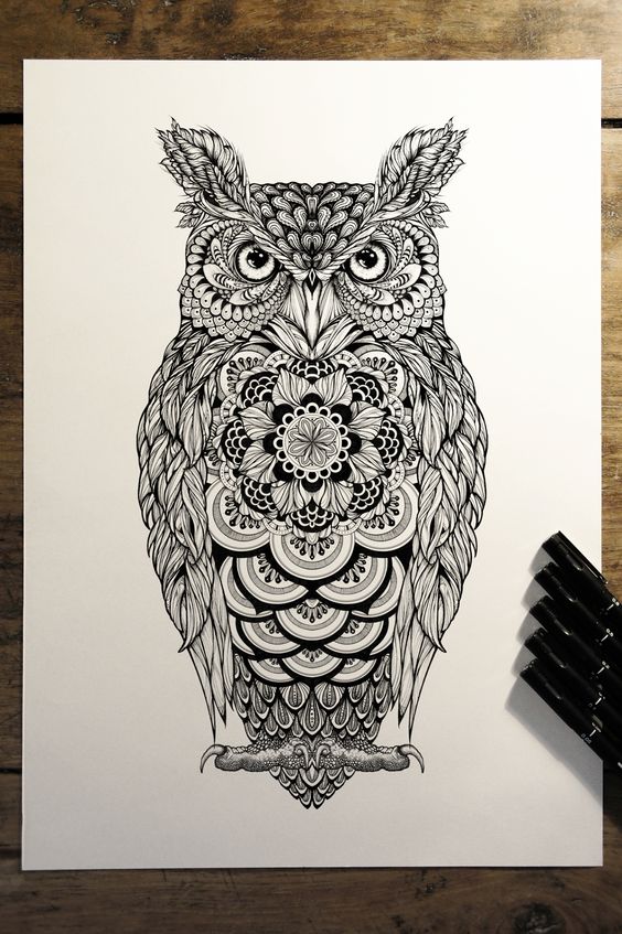 Awesome patterned owl with mandala body tattoo design