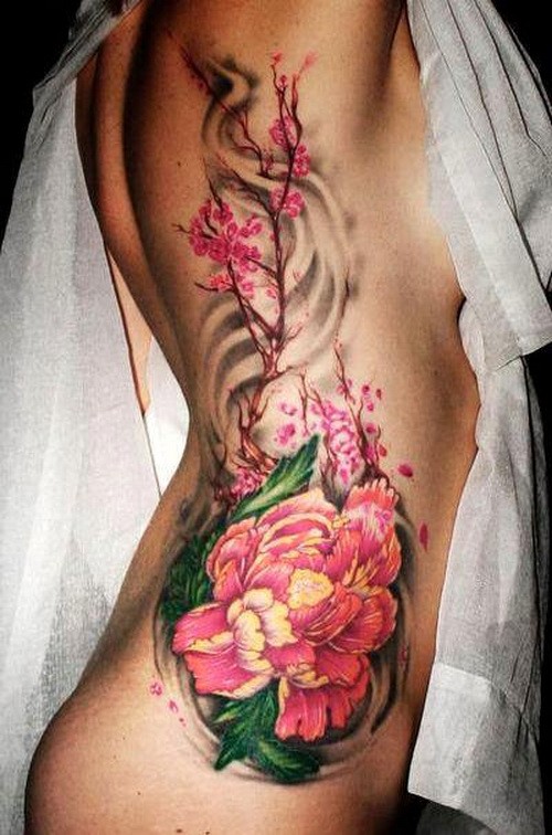 Awesome peony flower tattoo on side