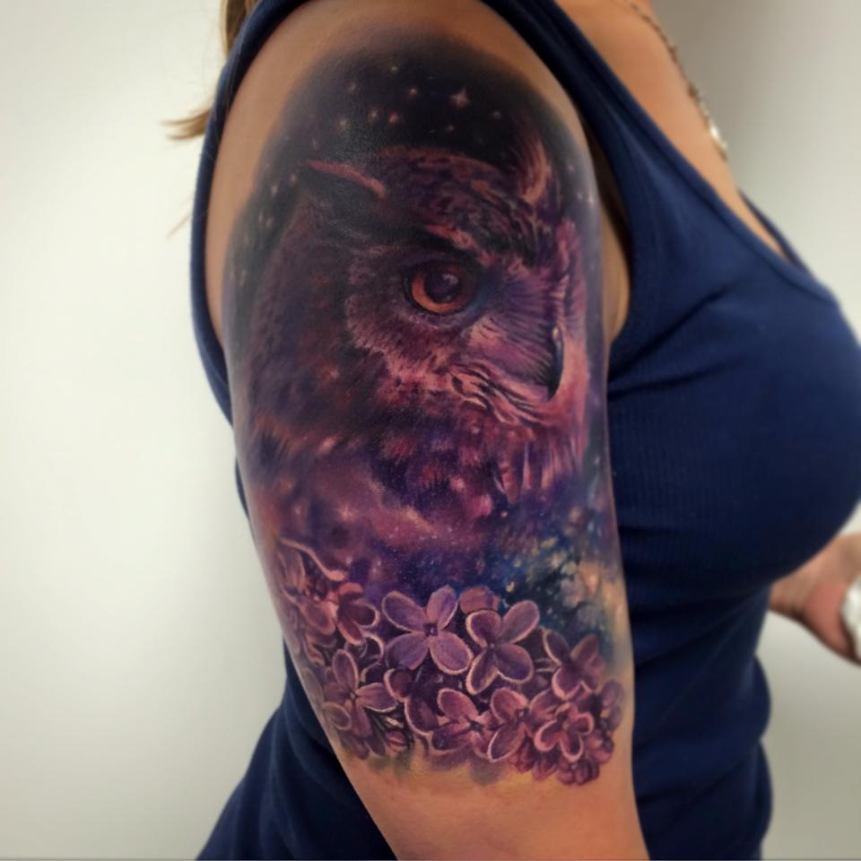 Awesome purple owl and flower tattoo on shoulder