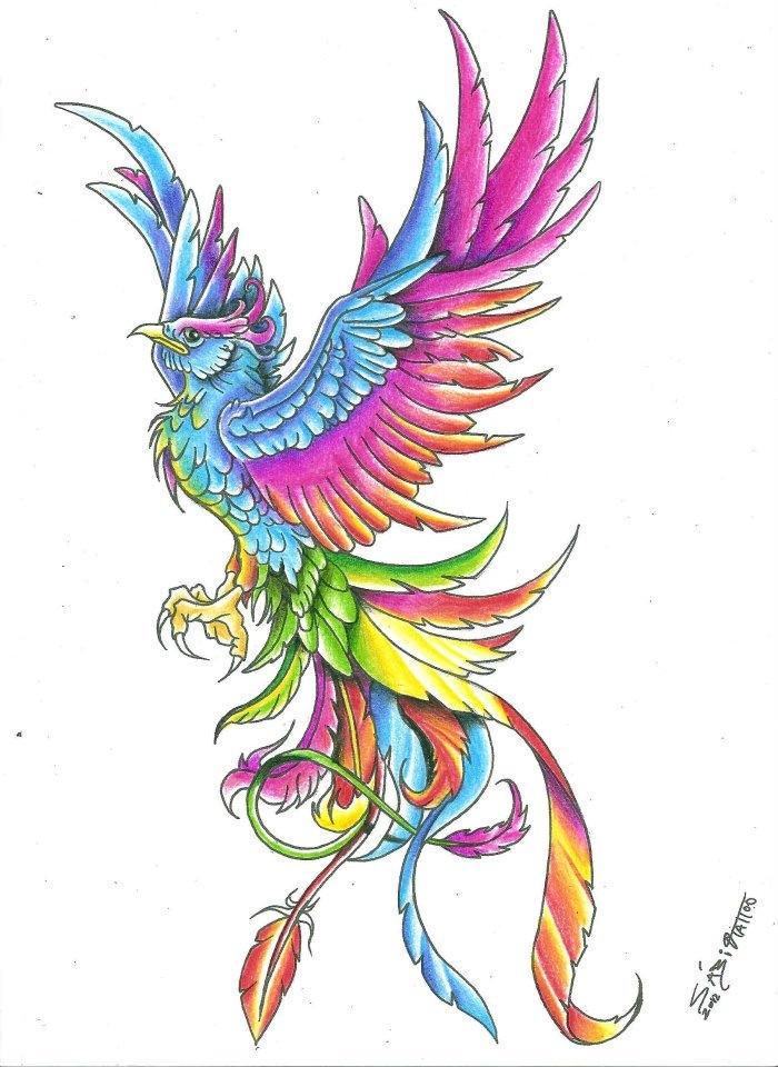 Awesome rainbow-colored rising phoenix tattoo design