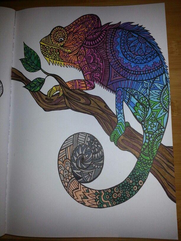 Awesome rainbow-patterned chameleon sitting on tree tattoo design