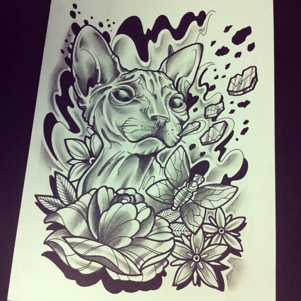 Awesome sphynx cat and flowers tattoo design