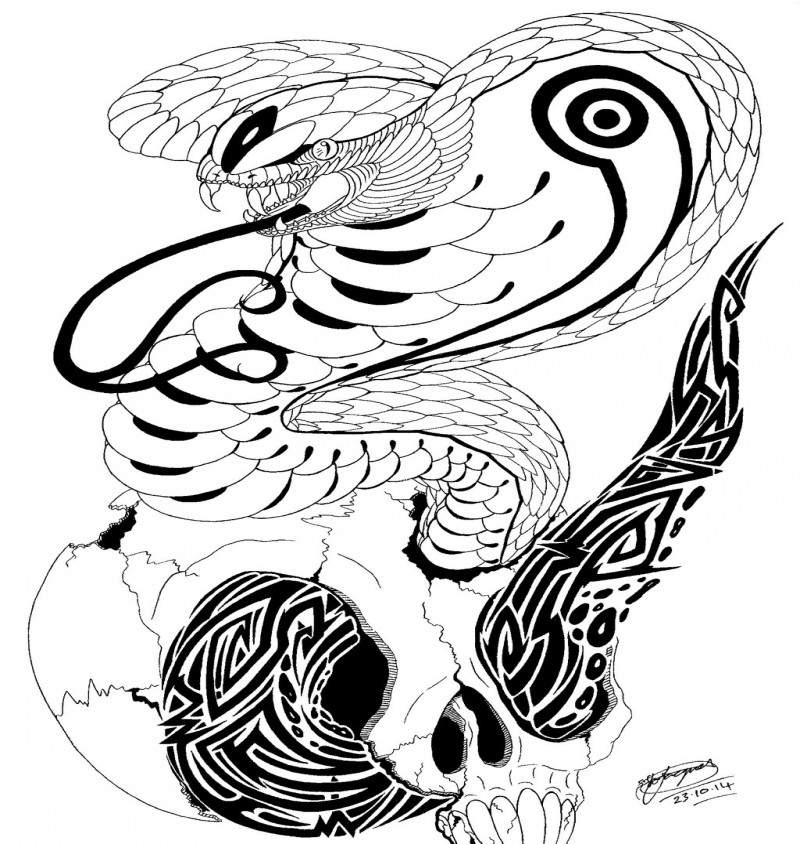 Awesome tribal king cobra snake and skull tattoo design by Shannon X Naruto