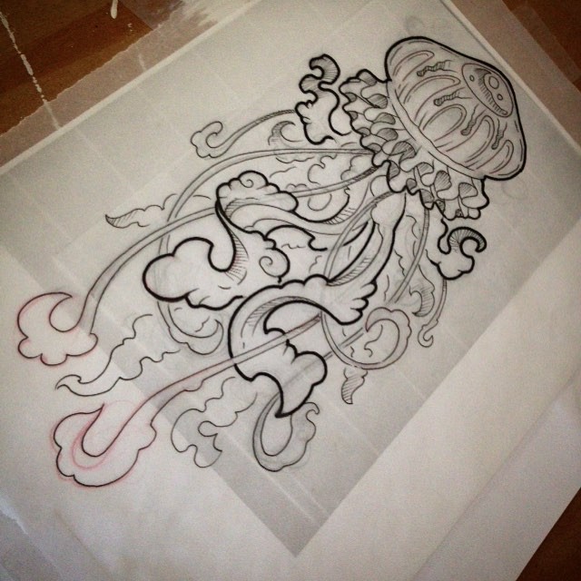 Awesome uncolored new school jellyfish tattoo design