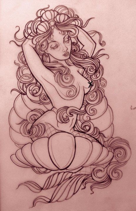 Awesome uncolored new school mermaid streching in the shell tattoo design