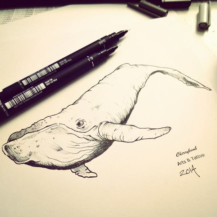 Awesome uncolored swimming whale tattoo design