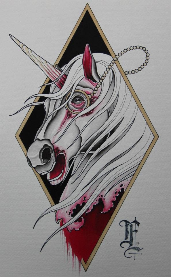 Awesome wahite horse in monocle in rhombus frame tattoo design