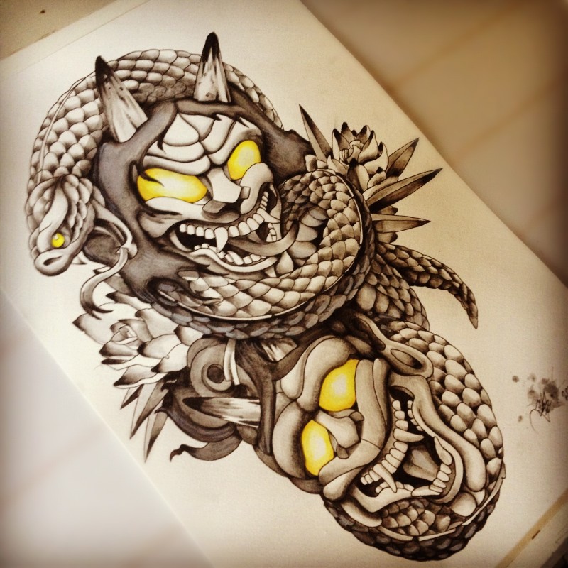 Awesome yellow-eyed demon heads entwined with thick snake body tattoo design