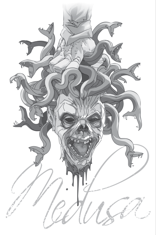 Awful grey-ink medusa gorgona zombie with human hand pushing it down tattoo design