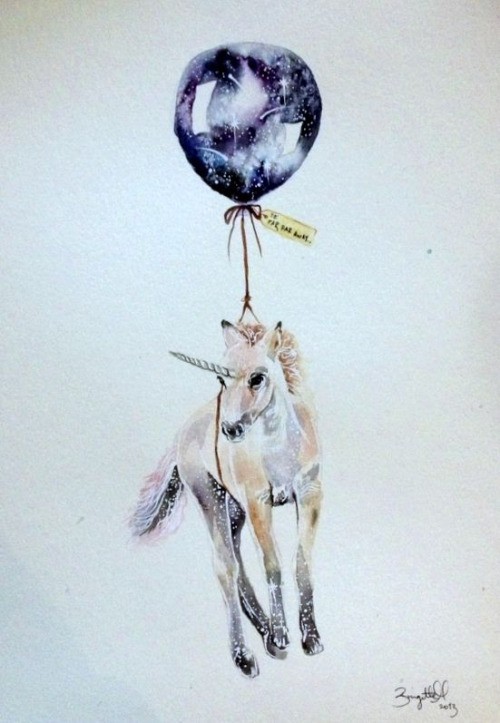 Baby unicorn flying by blue-color space balloon tattoo design