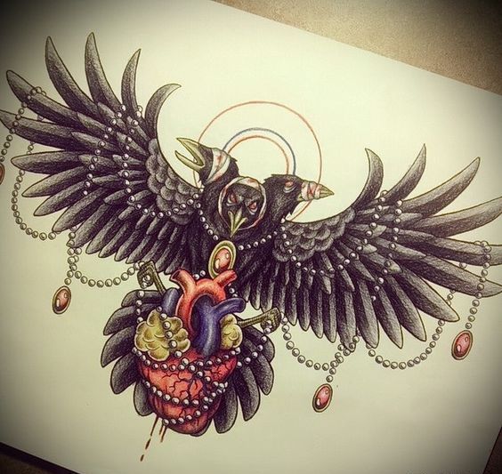 Bandaged three-headed raven keeping a colorful human heart tattoo design