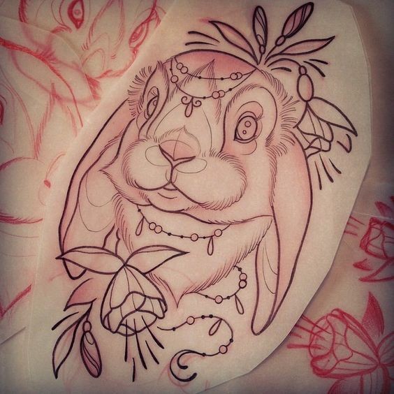 Bead-decorated rabbit portrait with elegant flowers tattoo design