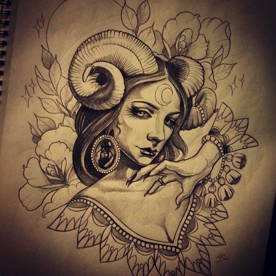 Beautiful black-and-white devil girl with ariel horns tattoo design