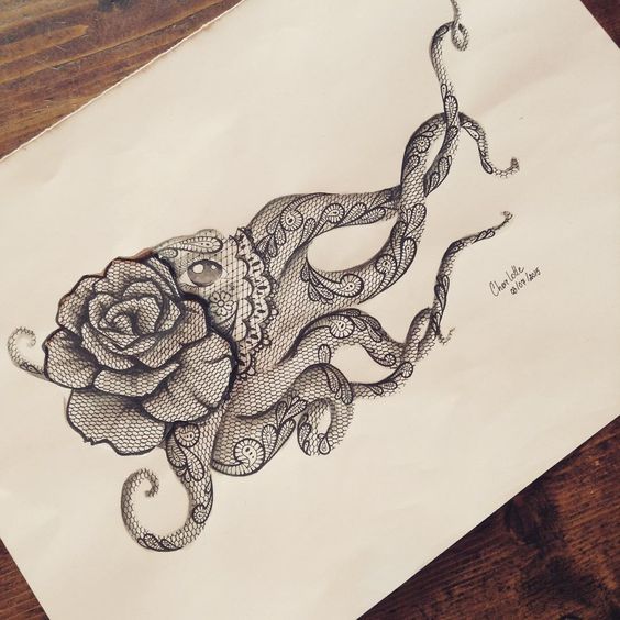 Beautiful black-and-white lace octopus with rose tattoo design