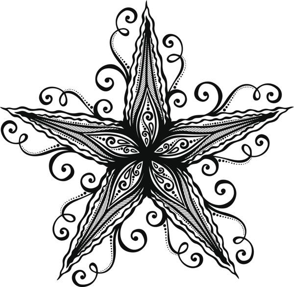 Beautiful black-ink patterned starfish with curl elements tattoo design