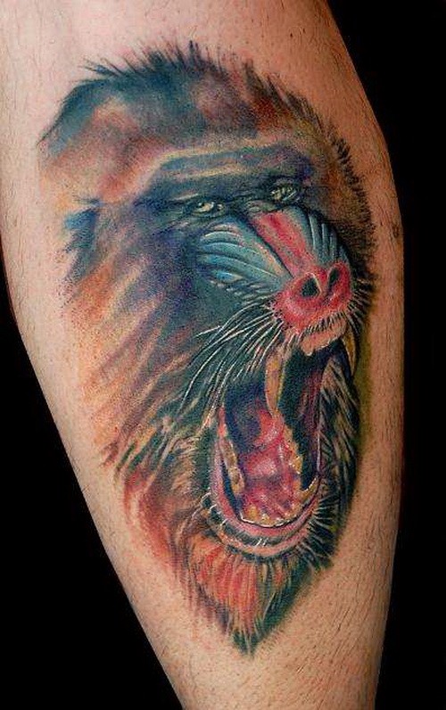 Beautiful color-ink crying babboon tattoo on shin
