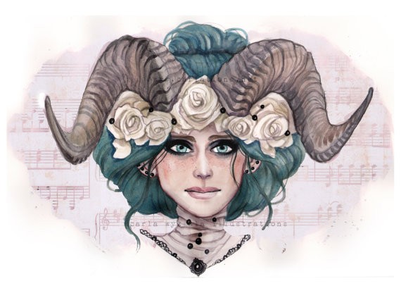 Beautiful colored woman with ram horns tattoo design