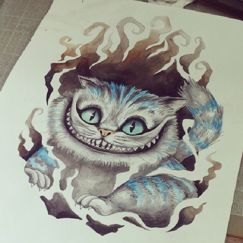 Beautiful colorful cheshire cat in black curled flame tattoo design