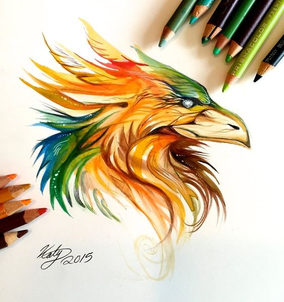 Beautiful colorful phoenix portrait in profile tattoo design