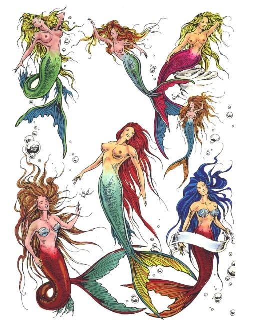 Beautiful colorful swimming mermaids in different poses tattoo design