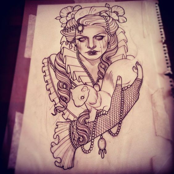Beautiful decorated woman with rodent in hands tattoo design