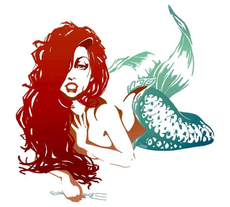 Beautiful dirty red-haired lying mermaid tattoo design by Chill07