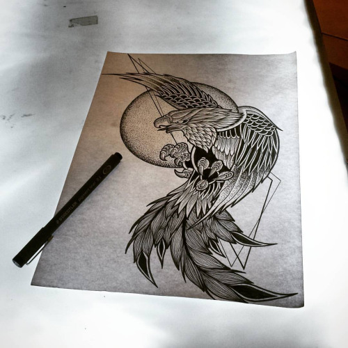 Beautiful dotwork eagle on full moon background tattoo design