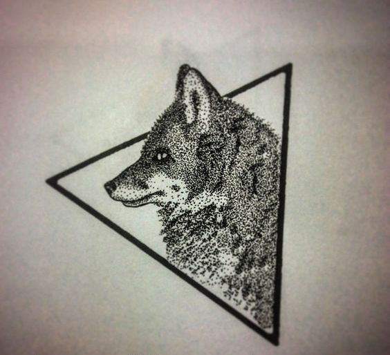 Beautiful dotwork fox portrait in profile in triangle frame tattoo design